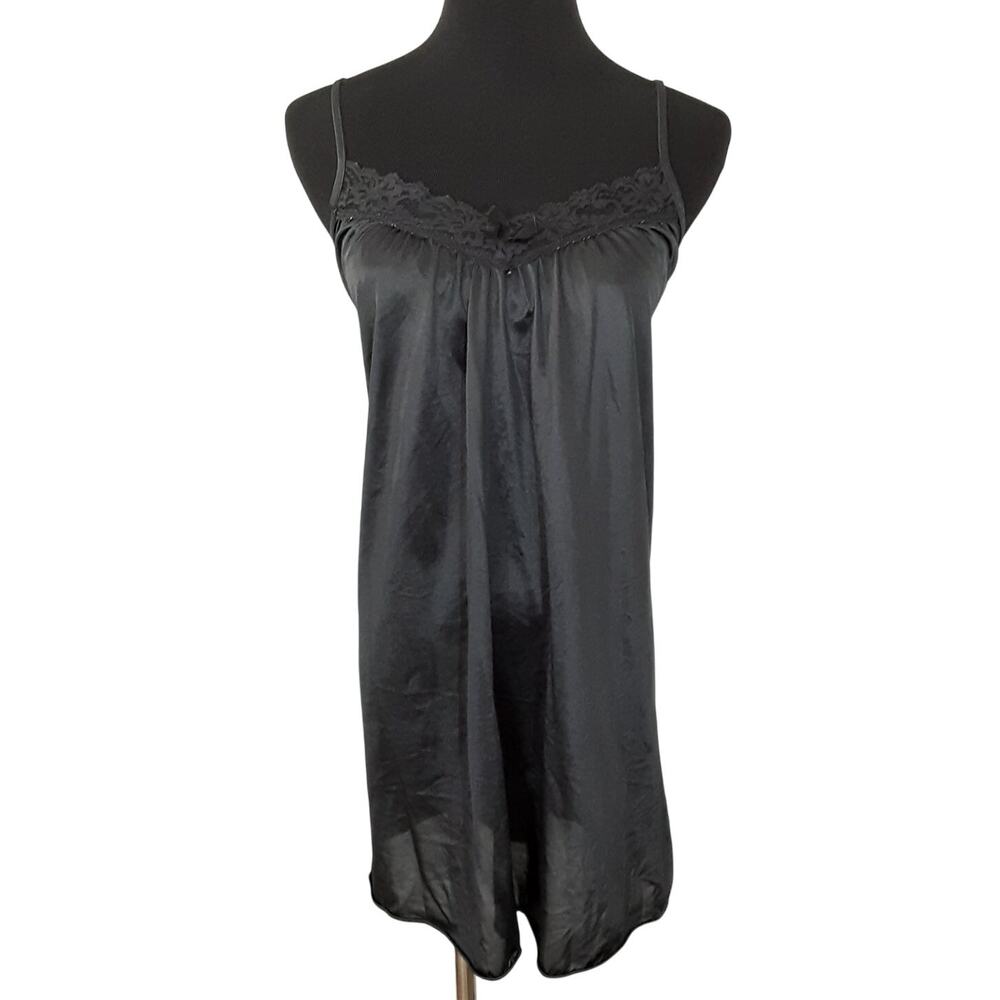 Vintage 80s Black Lace Satin Slip Dress Mini WhimsyGoth Coquette Womens L Y2K